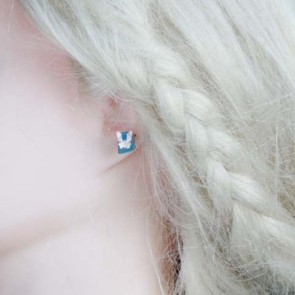 White Gold Aquamarine Blue Stone Raw Crystal Butterfly Mini Earrings for her - Picture 6 of 6